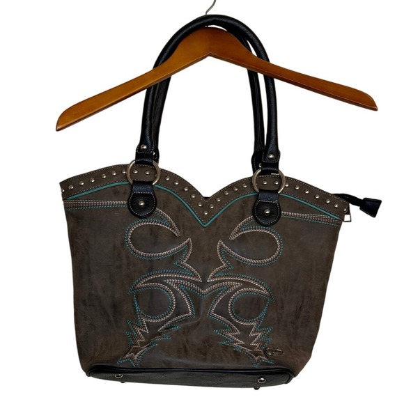 Justin Purse Women Brown Vegan Leather Western Cowgirl Embroidered Studded Tote - Picture 1 of 9